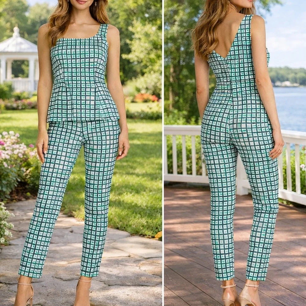 Kate Spade Tatiana Top & Mindy Pant Set 0/XS Brezeblock Blue White Plaid Preppy